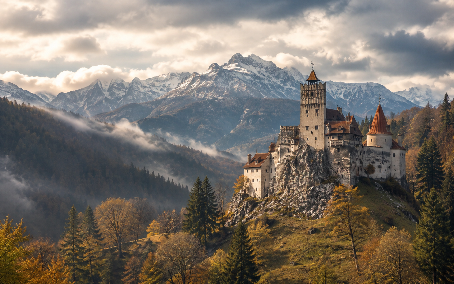 Bran Castle surrounded by the Carpathian Mountains